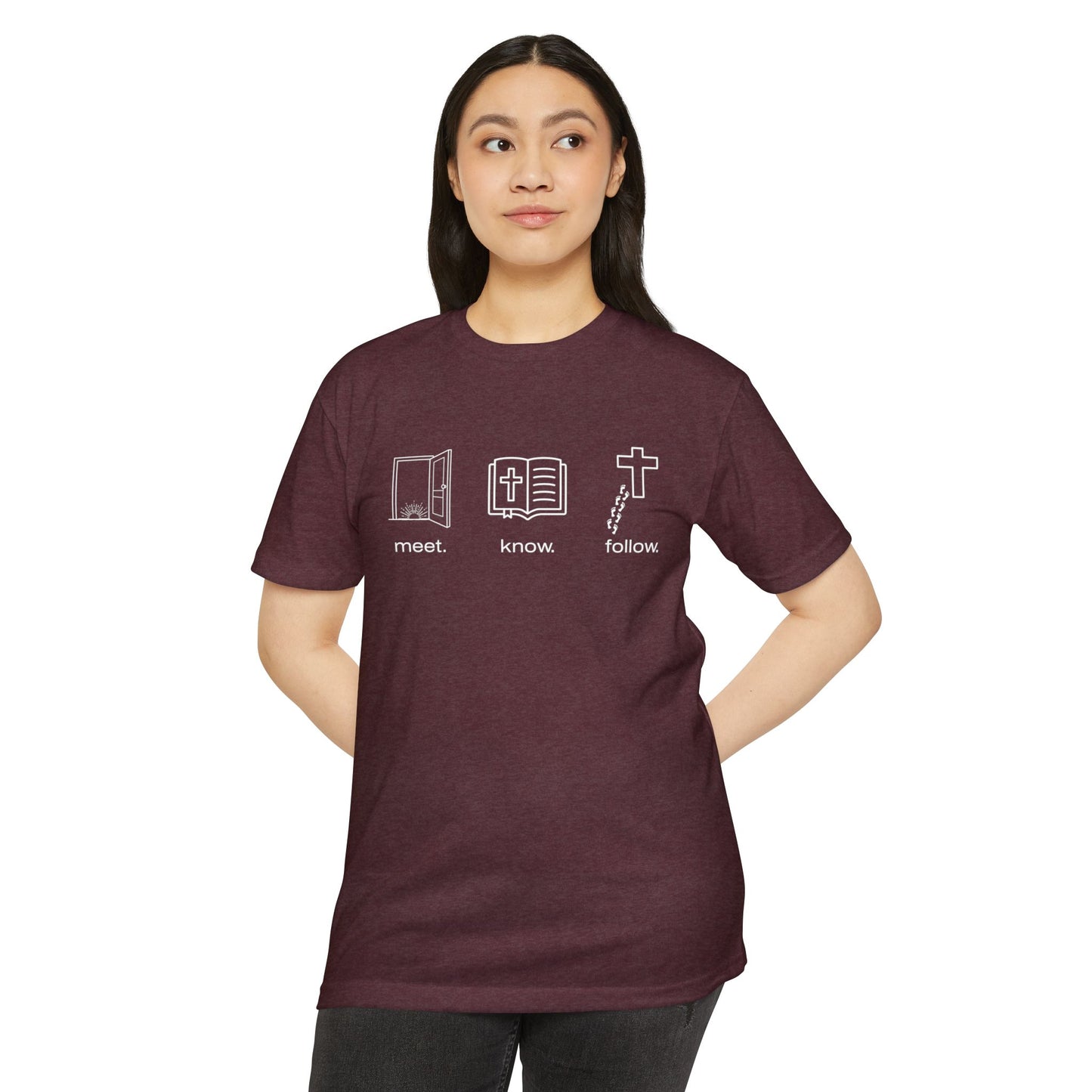 Meet • Know • Follow – Faith in Motion Unisex - Comfortable and Stylish, Casual Wear, Christian Apparel, Great for Gifts and Celebrations