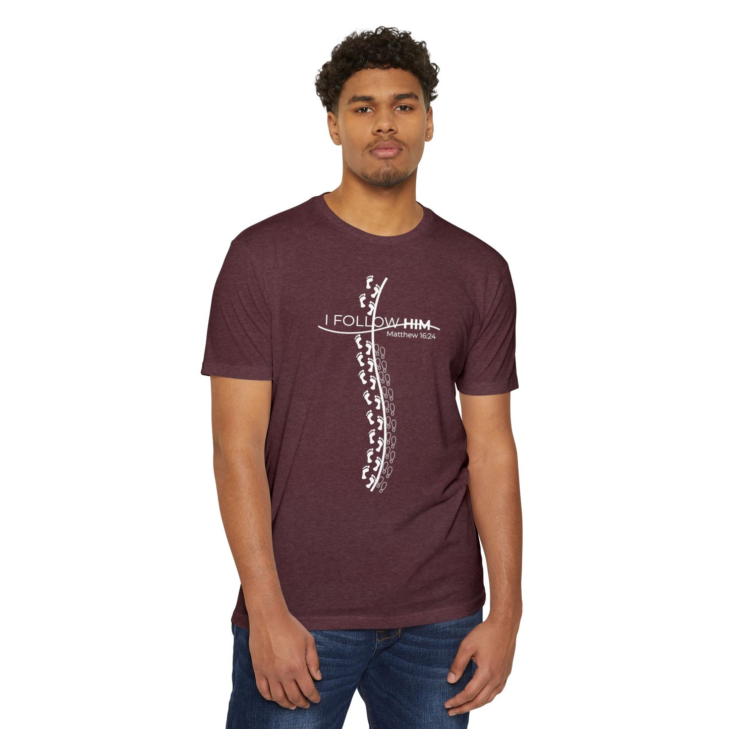 "I Follow Him" Unisex CVC Crew Tee – Faith in Motion Unisex - Comfortable and Stylish, Casual Wear, Christian Apparel, Great for Gifts and Celebrations