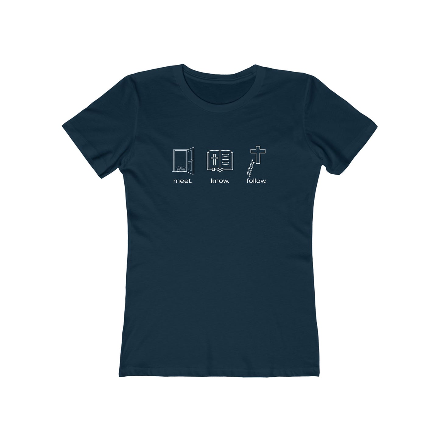 “Meet. Know. Follow.” Women’s Discipleship Tee – Faith in Motion