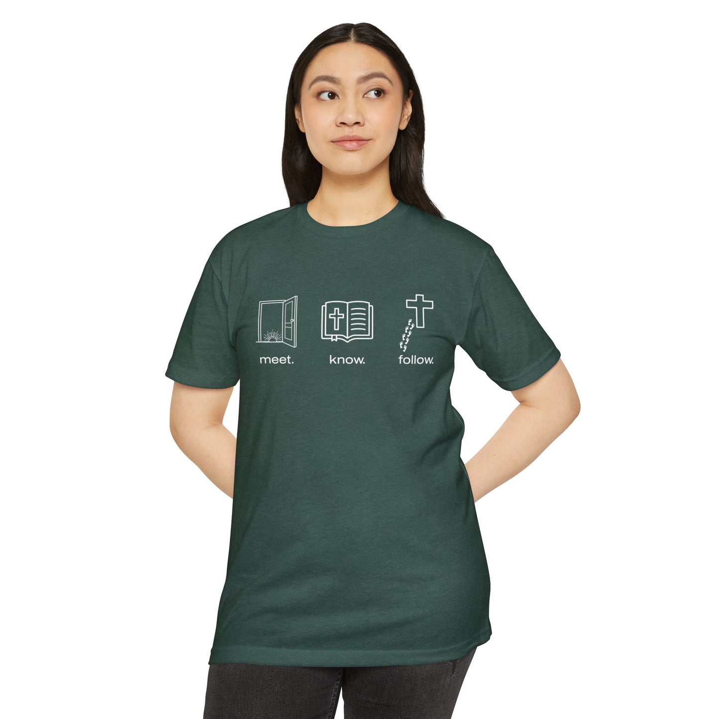 Meet • Know • Follow – Faith in Motion Unisex - Comfortable and Stylish, Casual Wear, Christian Apparel, Great for Gifts and Celebrations