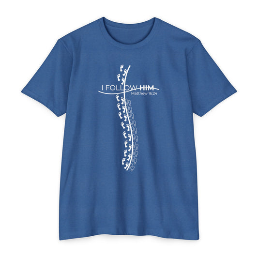 "I Follow Him" Unisex CVC Crew Tee – Faith in Motion Unisex - Comfortable and Stylish, Casual Wear, Christian Apparel, Great for Gifts and Celebrations