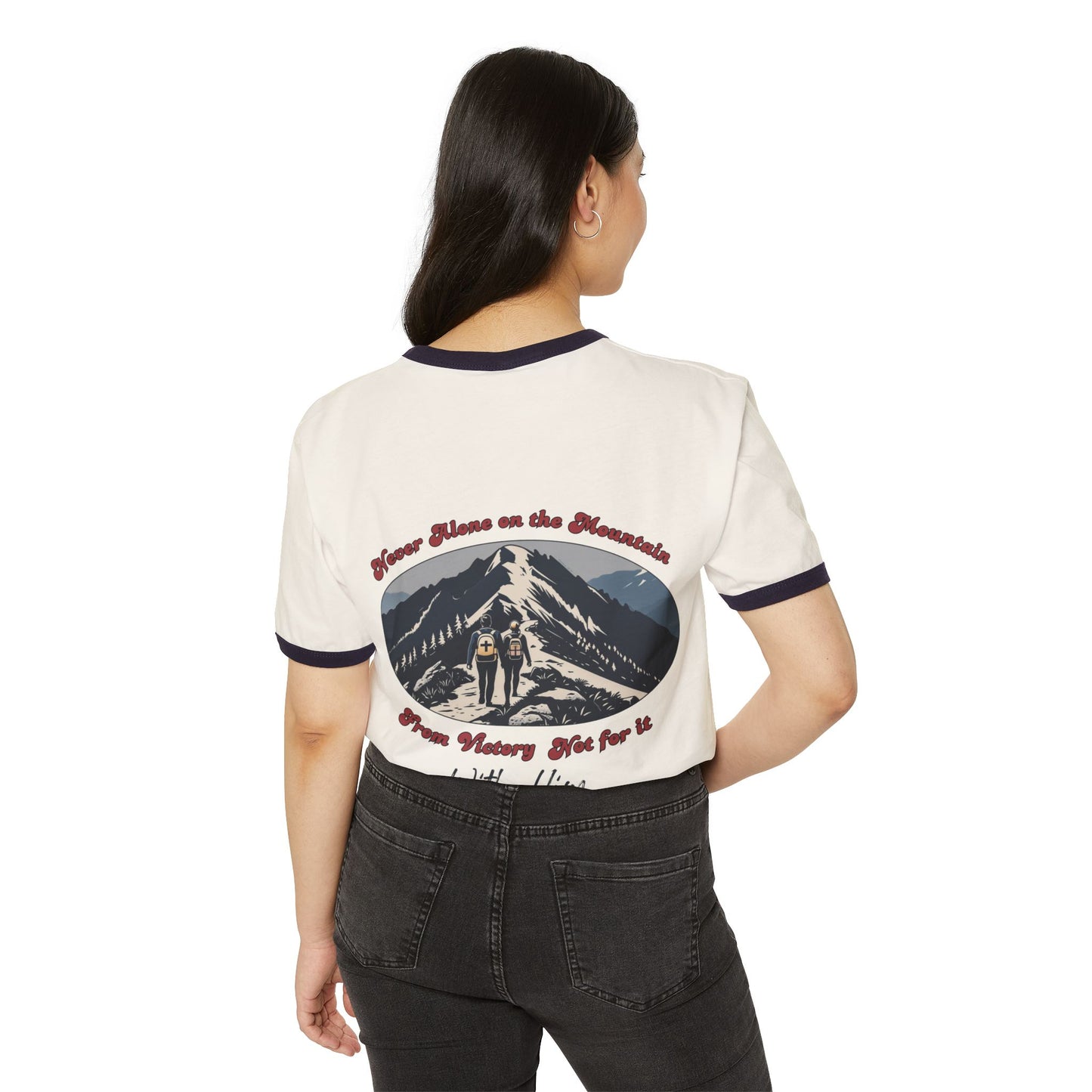 Never Alone on the Mountain Ringer Tee – Natural/Midnight Navy