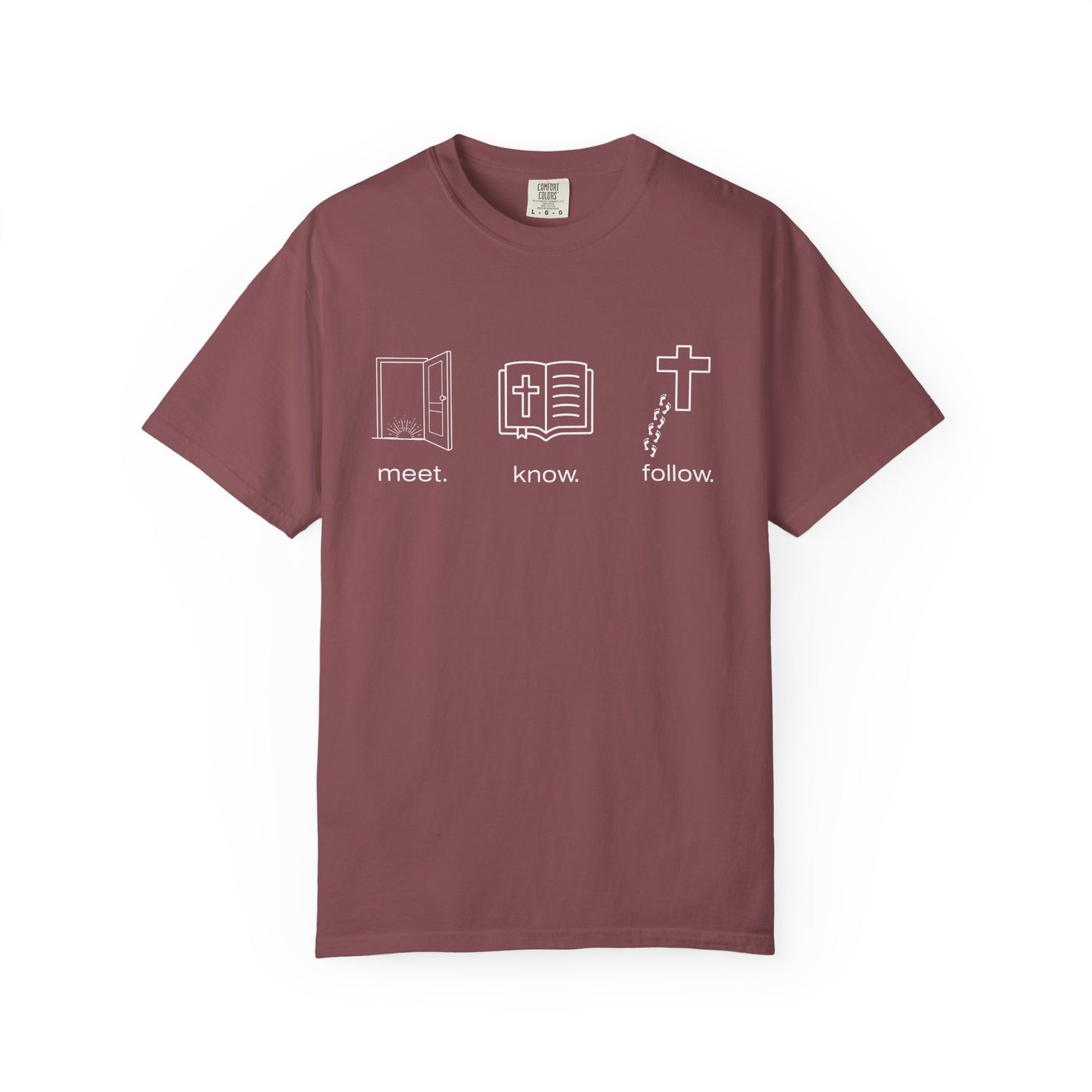 “Meet. Know. Follow.” Unisex Discipleship Tee – Classic Comfort, Bold Faith