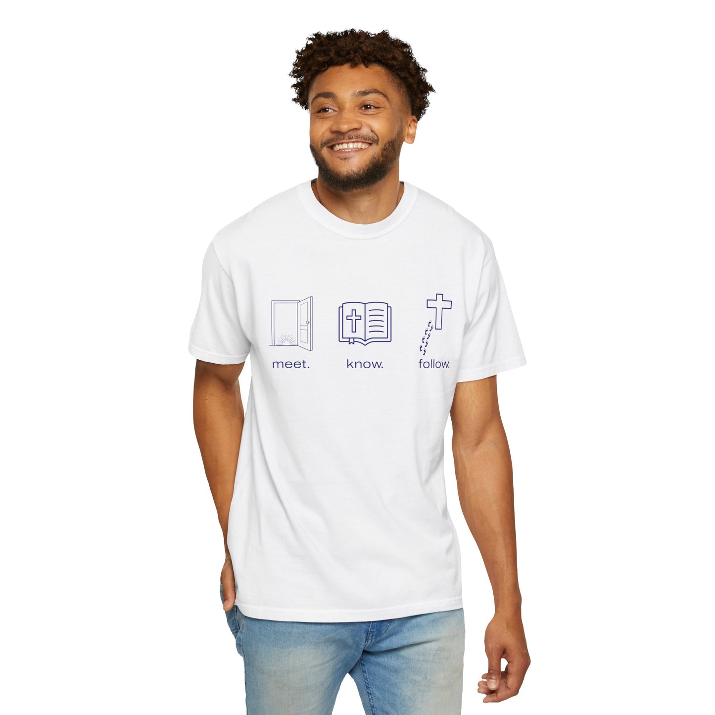 “Meet. Know. Follow.” Unisex Discipleship Tee – Classic Comfort, Bold Faith