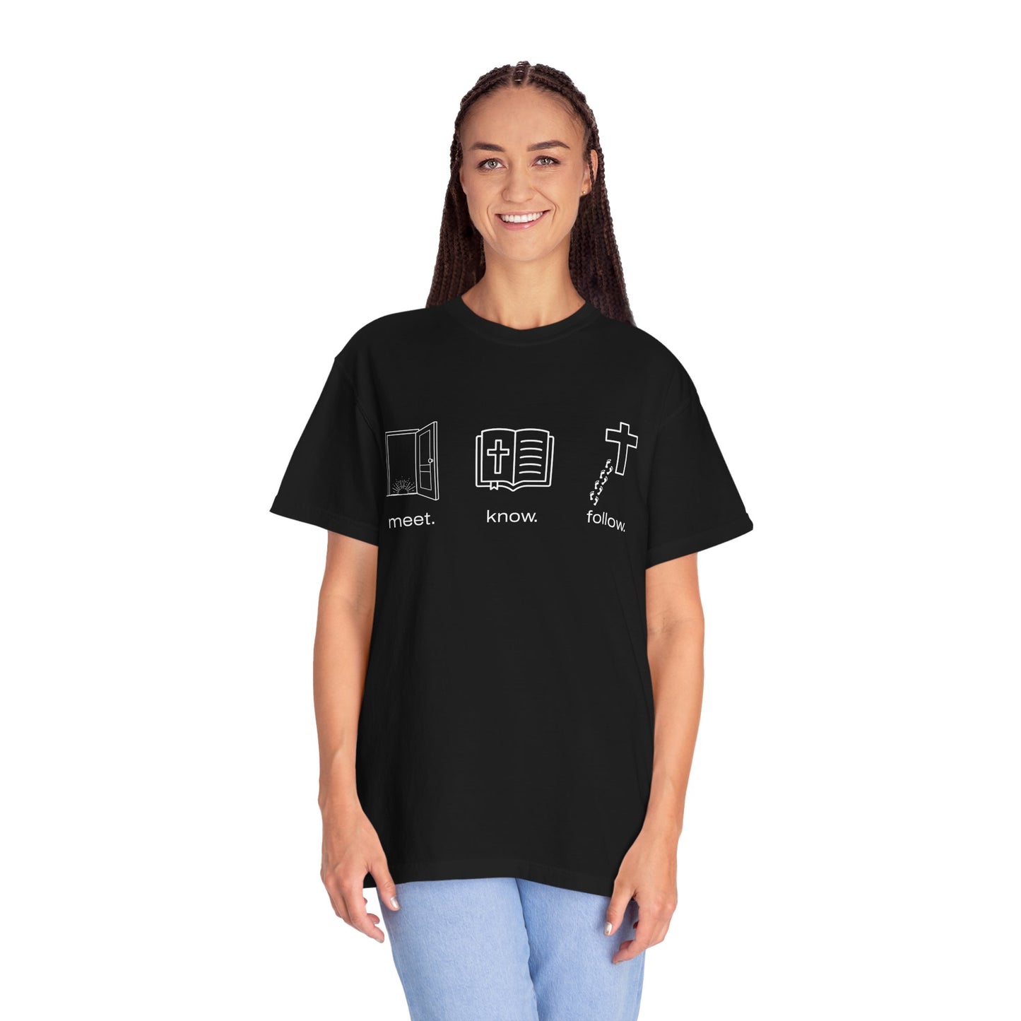 “Meet. Know. Follow.” Unisex Discipleship Tee – Classic Comfort, Bold Faith