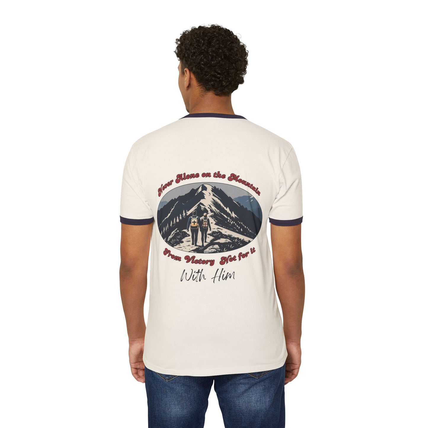 Never Alone on the Mountain Ringer Tee – Natural/Midnight Navy
