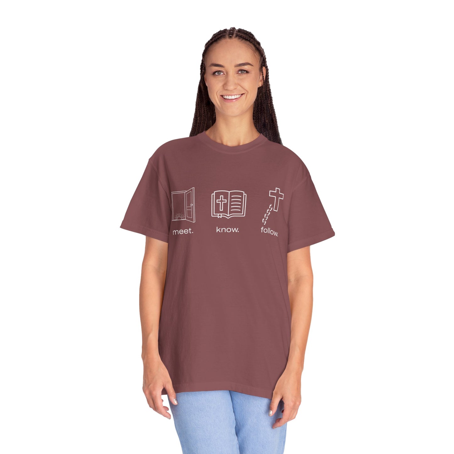 “Meet. Know. Follow.” Unisex Discipleship Tee – Classic Comfort, Bold Faith