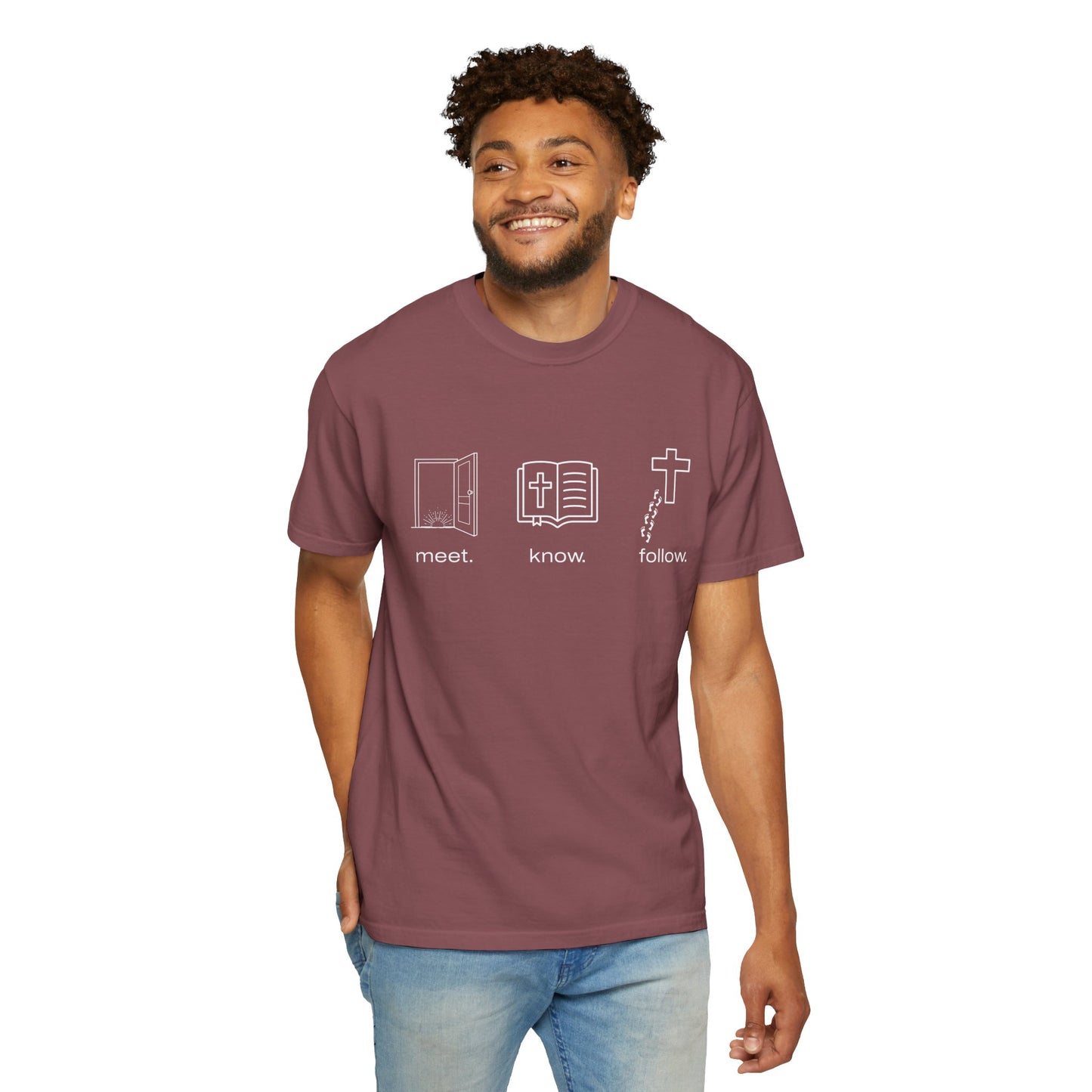“Meet. Know. Follow.” Unisex Discipleship Tee – Classic Comfort, Bold Faith