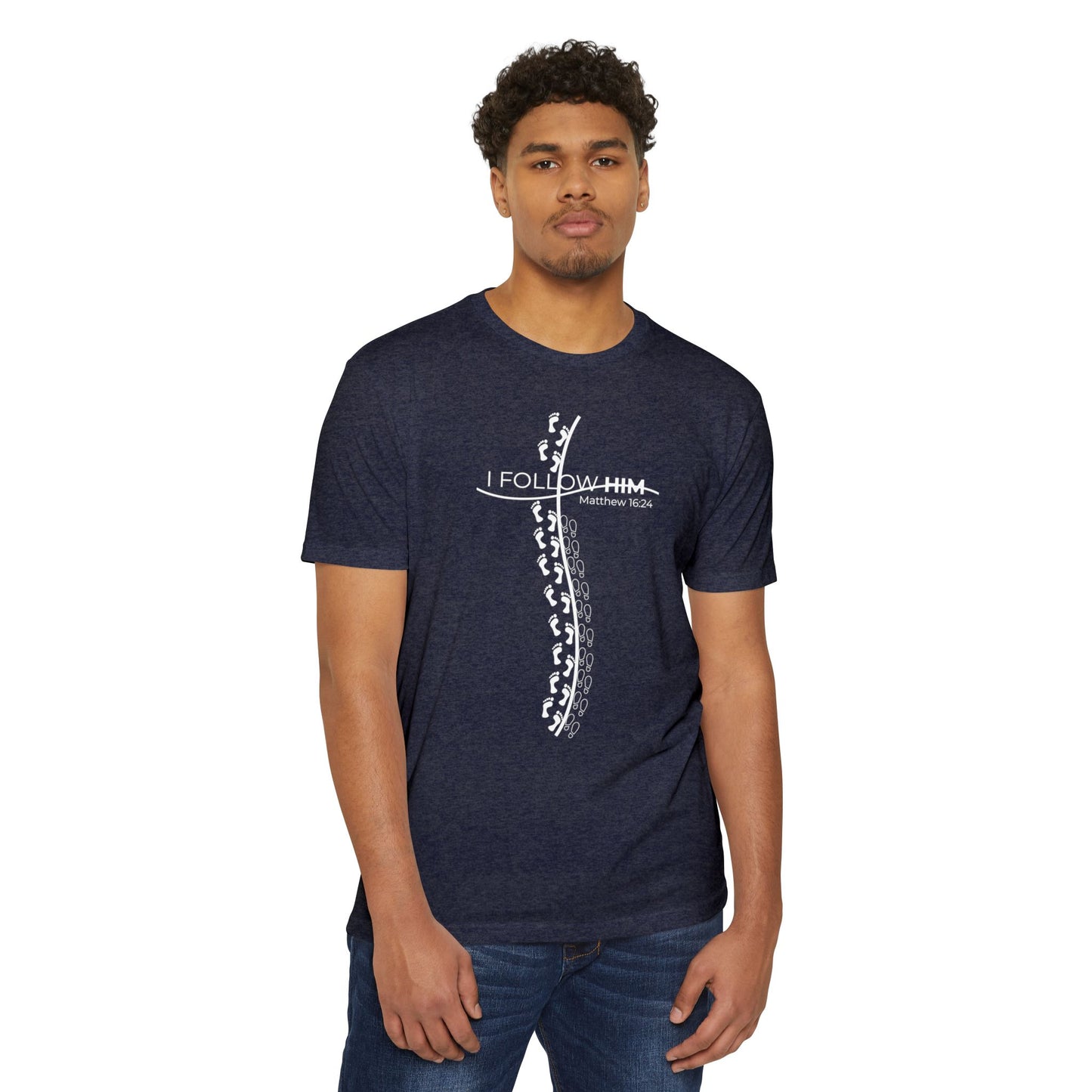 "I Follow Him" Unisex CVC Crew Tee – Faith in Motion Unisex - Comfortable and Stylish, Casual Wear, Christian Apparel, Great for Gifts and Celebrations