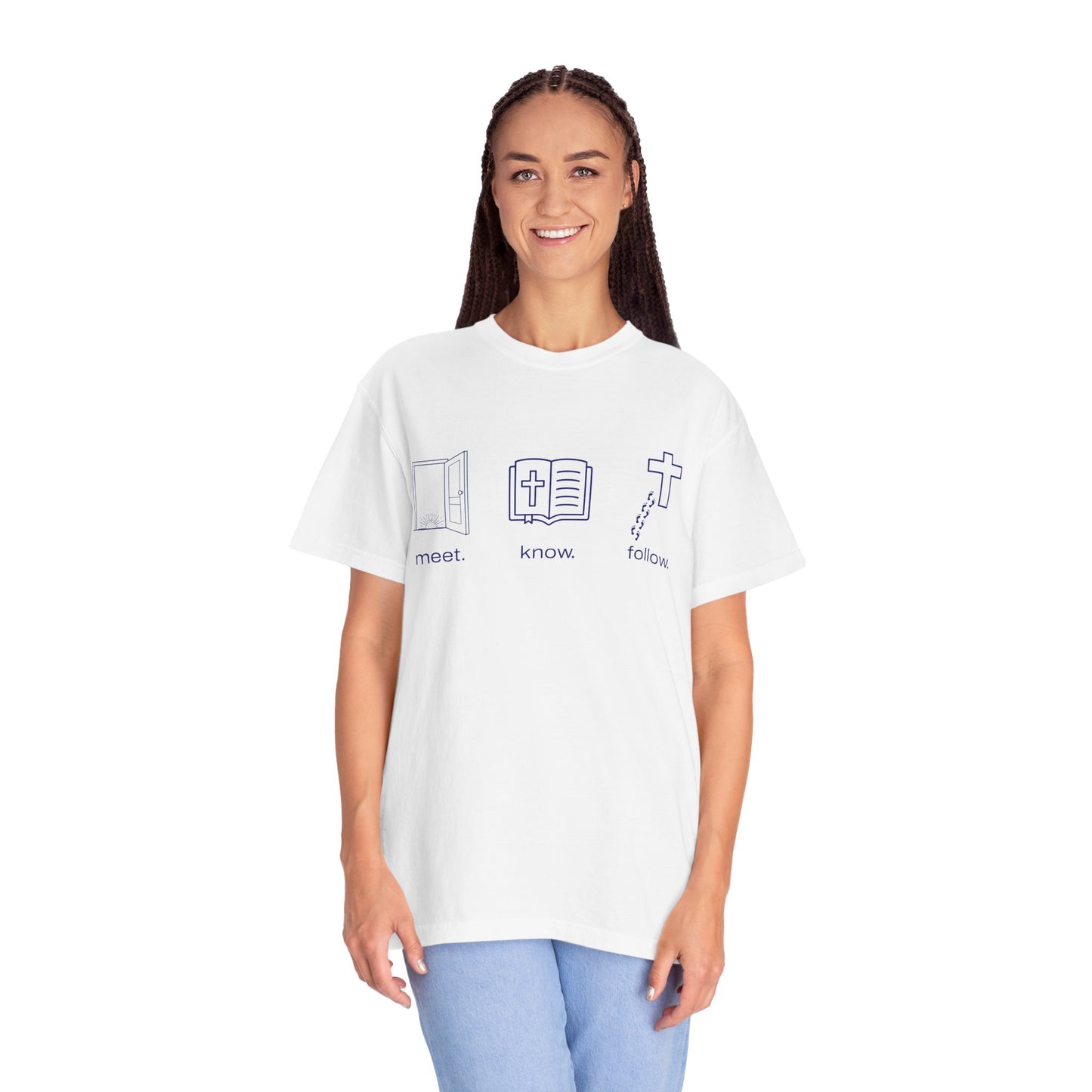 “Meet. Know. Follow.” Unisex Discipleship Tee – Classic Comfort, Bold Faith