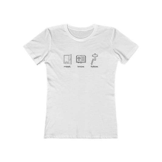 “Meet. Know. Follow.” Women’s Discipleship Tee – Faith in Motion