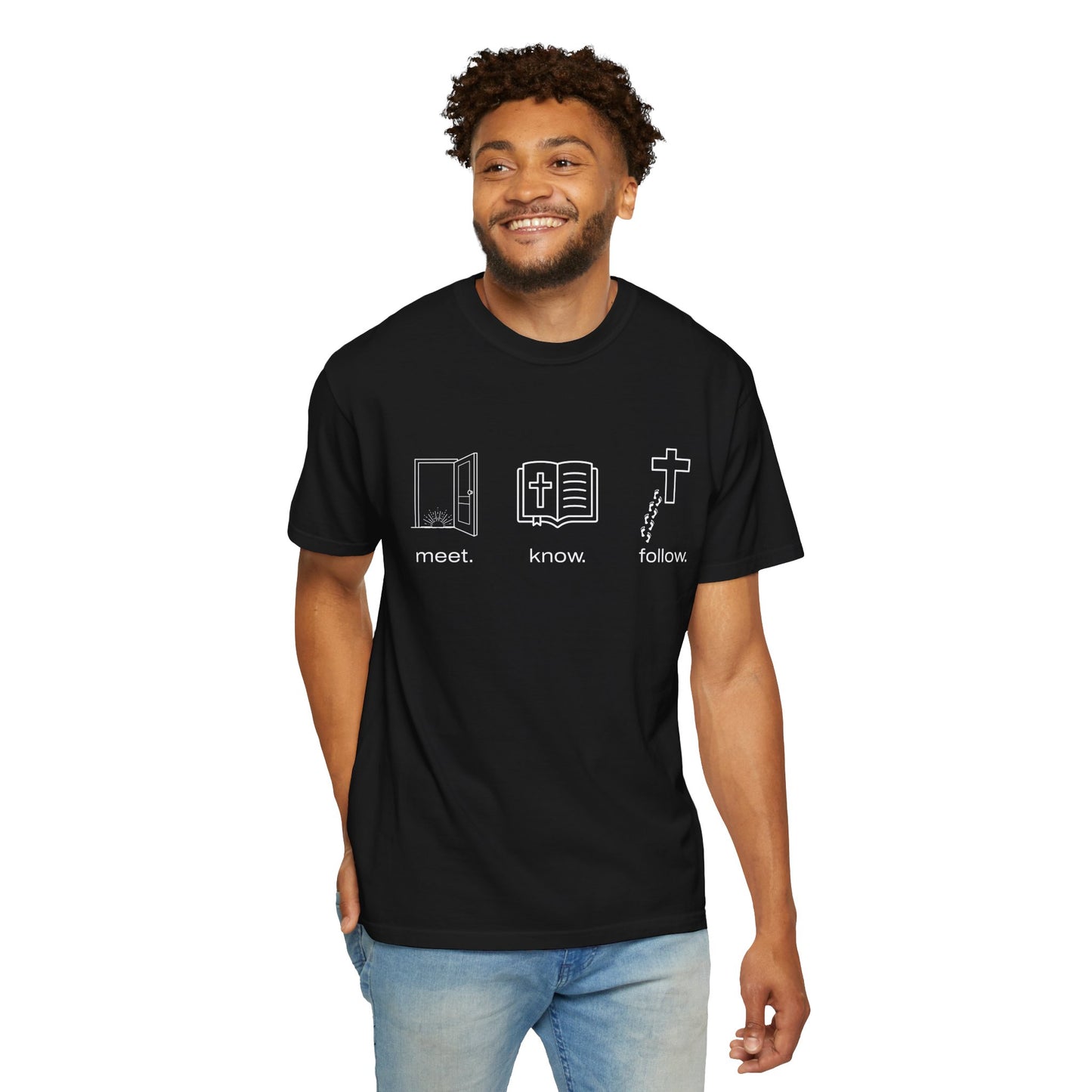 “Meet. Know. Follow.” Unisex Discipleship Tee – Classic Comfort, Bold Faith