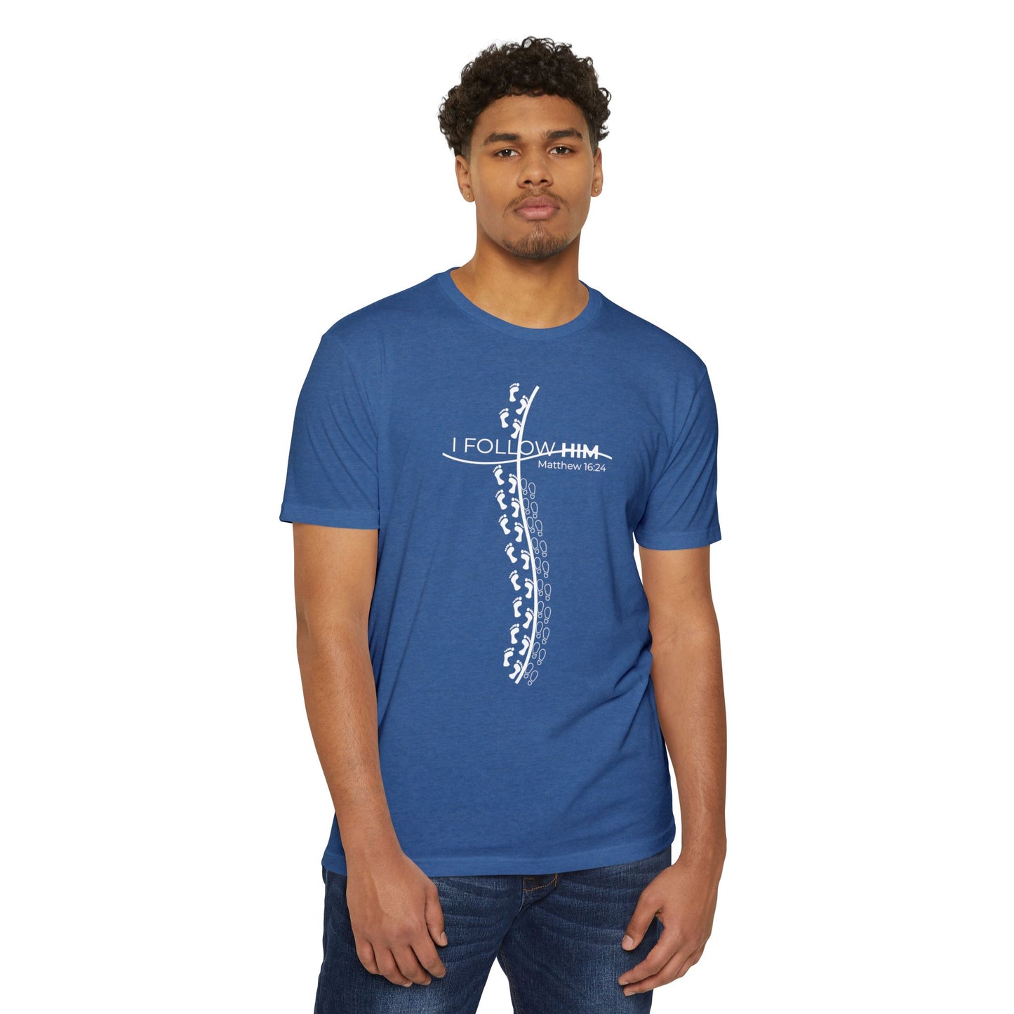 "I Follow Him" Unisex CVC Crew Tee – Faith in Motion Unisex - Comfortable and Stylish, Casual Wear, Christian Apparel, Great for Gifts and Celebrations
