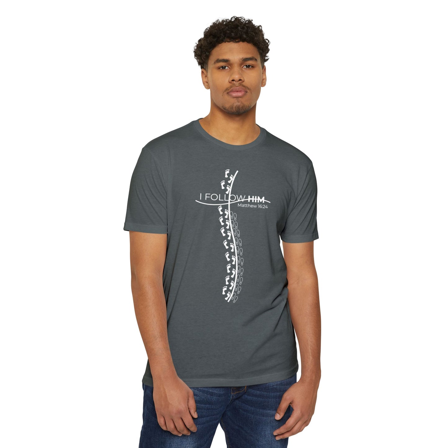 "I Follow Him" Unisex CVC Crew Tee – Faith in Motion Unisex - Comfortable and Stylish, Casual Wear, Christian Apparel, Great for Gifts and Celebrations