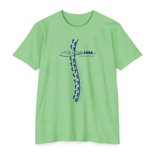 "I Follow Him" Unisex CVC Crew Tee – Faith in Motion Unisex - Comfortable and Stylish, Casual Wear, Christian Apparel, Great for Gifts and Celebrations