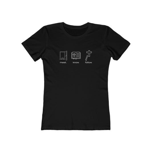 “Meet. Know. Follow.” Women’s Discipleship Tee – Faith in Motion