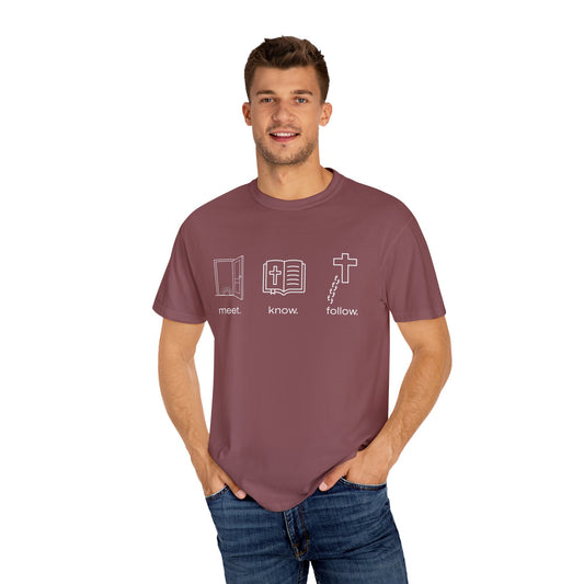 “Meet. Know. Follow.” Unisex Discipleship Tee – Classic Comfort, Bold Faith