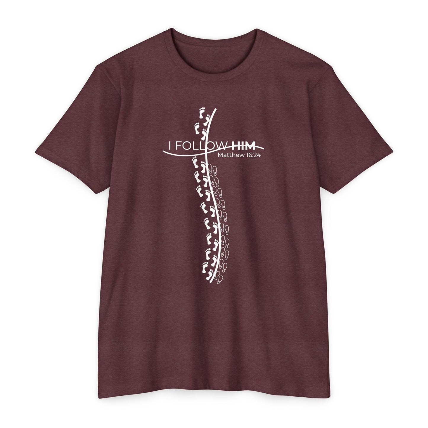 "I Follow Him" Unisex CVC Crew Tee – Faith in Motion Unisex - Comfortable and Stylish, Casual Wear, Christian Apparel, Great for Gifts and Celebrations